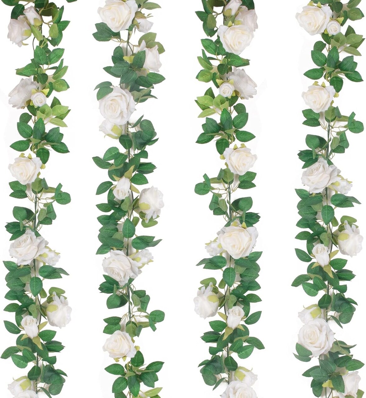 4Pcs(26 FT) Artificial Rose Vine Fake Flower Garland Fake Silk Rose Hanging Vine for Wedding Party Background Arch Garden Background Decoration (White)